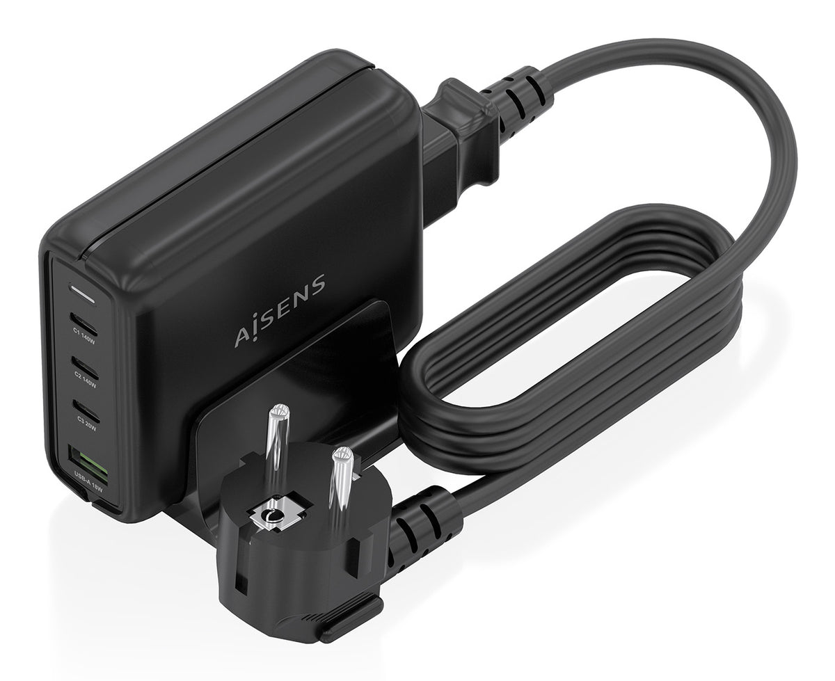 Carregador de secretária Aisens GaN ASCH-140W4P056-BK/ 3xUSB Tipo-C/ 1xUSB/ 140W