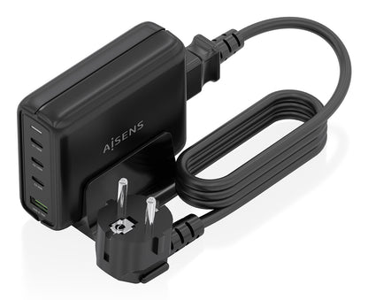 Carregador de secretária Aisens GaN ASCH-140W4P056-BK/ 3xUSB Tipo-C/ 1xUSB/ 140W