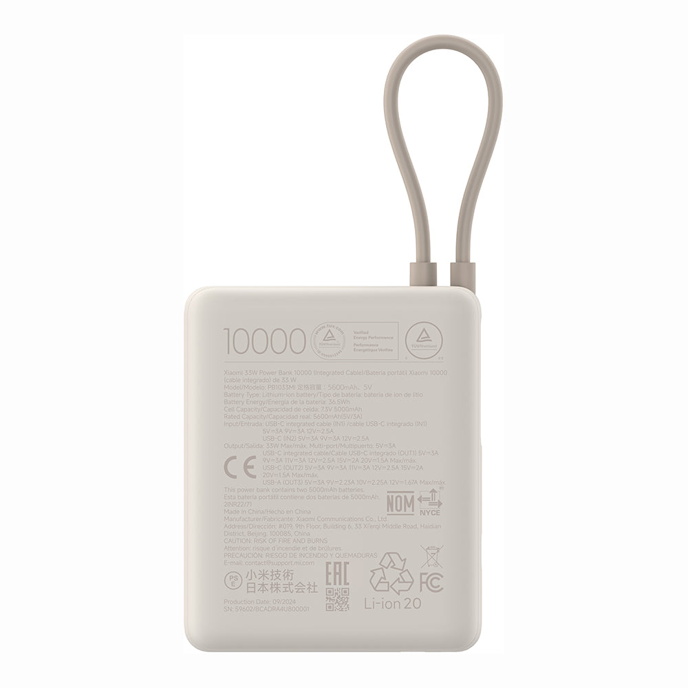 Powerbank xiaomi 10000mah 33w com cabo integrado bege bhr9333gl