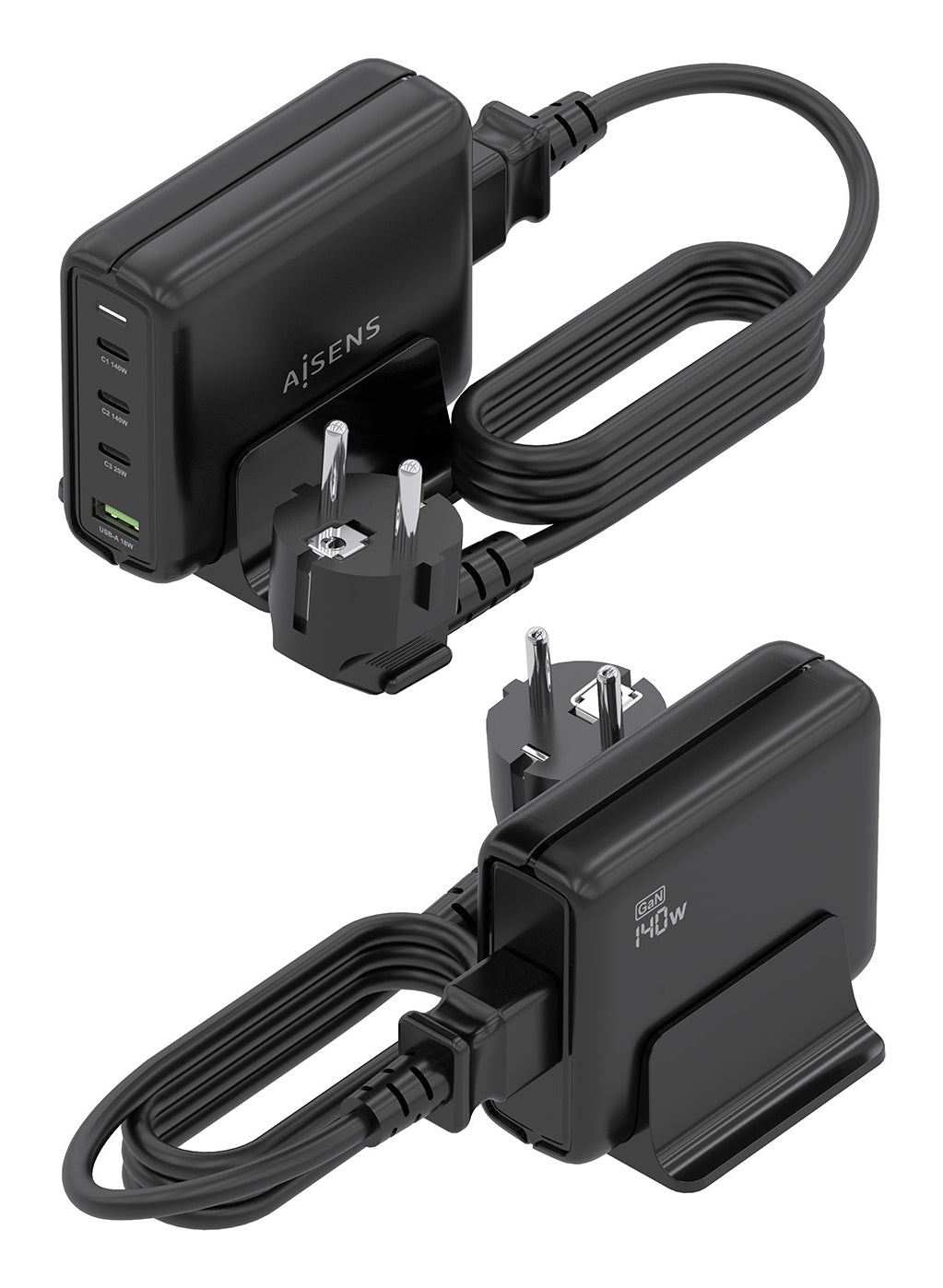 Carregador de secretária Aisens GaN ASCH-140W4P056-BK/ 3xUSB Tipo-C/ 1xUSB/ 140W