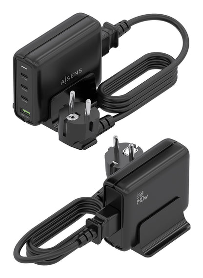 Carregador de secretária Aisens GaN ASCH-140W4P056-BK/ 3xUSB Tipo-C/ 1xUSB/ 140W