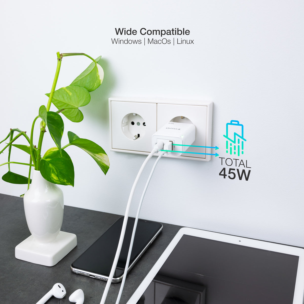 Carregador de Parede Tooq GAN USB-C/PD+USB-A/QC 45W - imagem 6