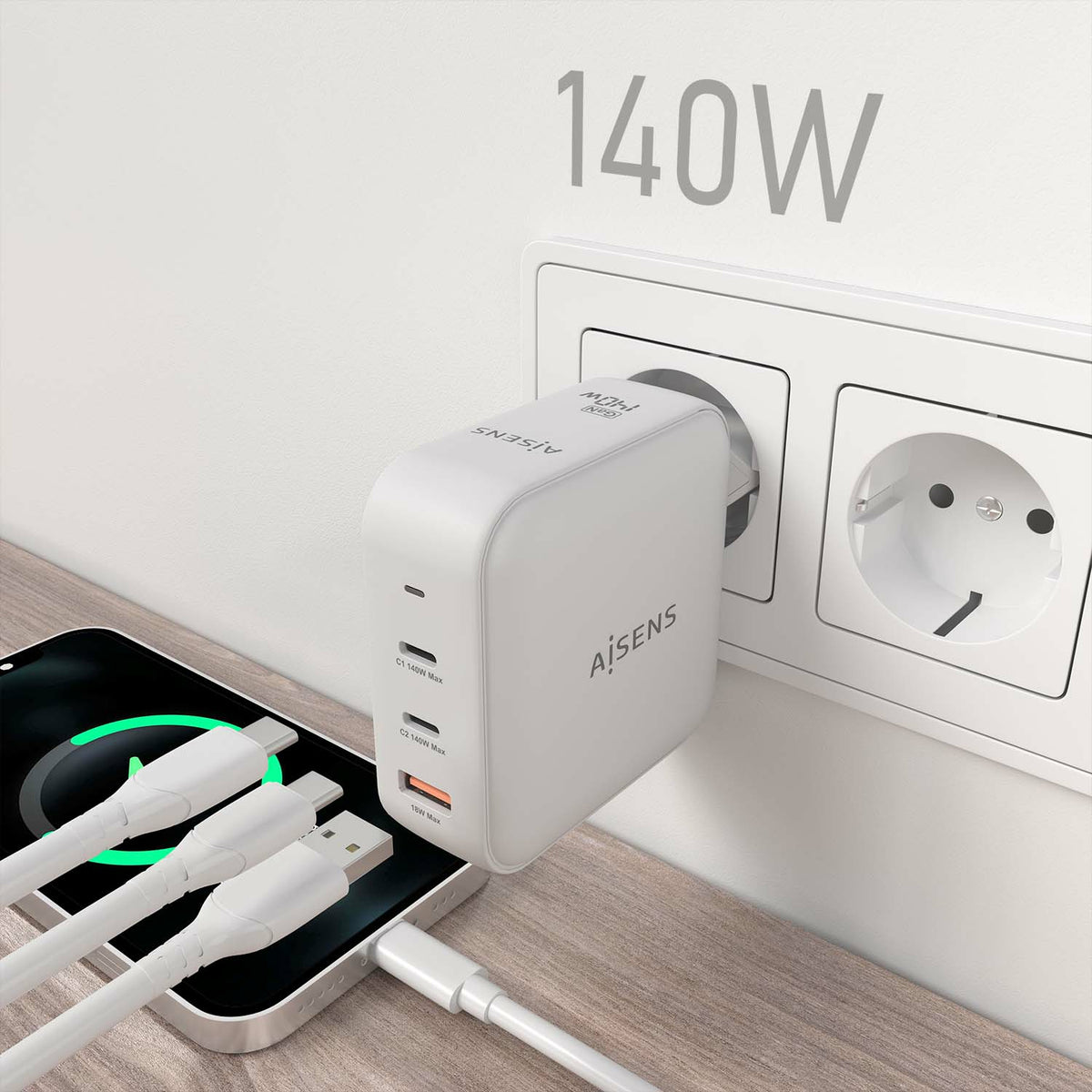 carregador de Pared GaN Aisens ASCH-140W3P030-W/ 2xUSB Tipo-C/ 1xUSB/ 140W