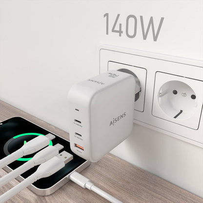 carregador de Pared GaN Aisens ASCH-140W3P030-W/ 2xUSB Tipo-C/ 1xUSB/ 140W