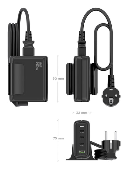 Carregador de secretária Aisens GaN ASCH-140W4P056-BK/ 3xUSB Tipo-C/ 1xUSB/ 140W