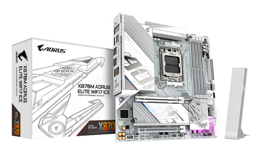 Placa-mãe Gigabyte X870M AORUS ELITE WIFI7 ICE - Supports AMD Ryzen 9000 CPUs, 14+2+2 fases Digital VRM, até