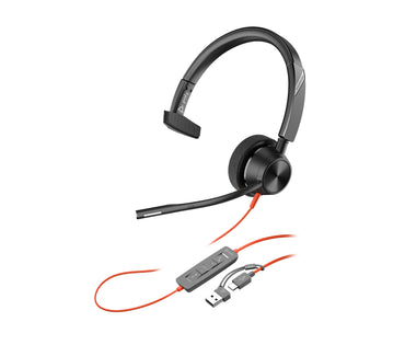 Auscultadores Poly Blackwire 3310 para Microsoft Teams + USB-C/A/ Adaptador com Microfone/ USB Tipo-C / Preto