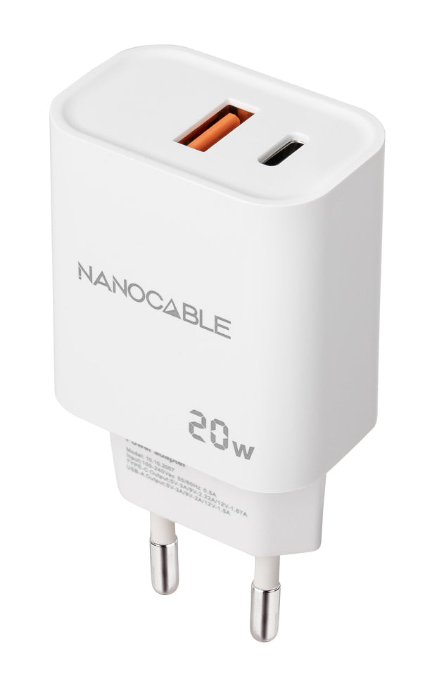 Carregador Nanocable USB-C/PD+USB-A/QC 20W Branco