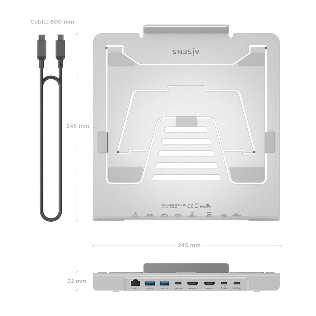 Suporte de Secretária - Aisens USB Docking Tipo-C ASUC-7P046-GR/ 2xUSB/ 1xUSB Tipo-C/ 2xHDMI/ 1xRJ45/ 1xUSB Tipo-C PD/ cinzento