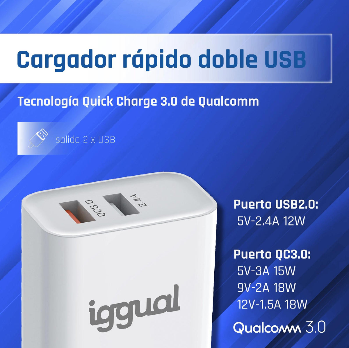 iggual Carregador doble 2xUSB carga rápida QC3.0 30W - imagem 3