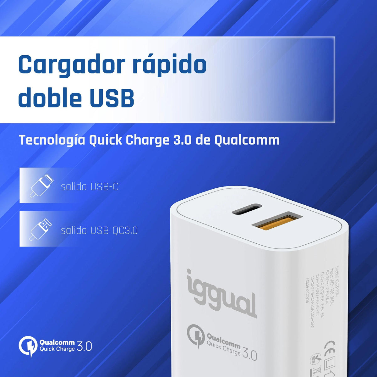 iggual Carregador doble USB QC3.0 + tipo C PD 20W - imagem 3