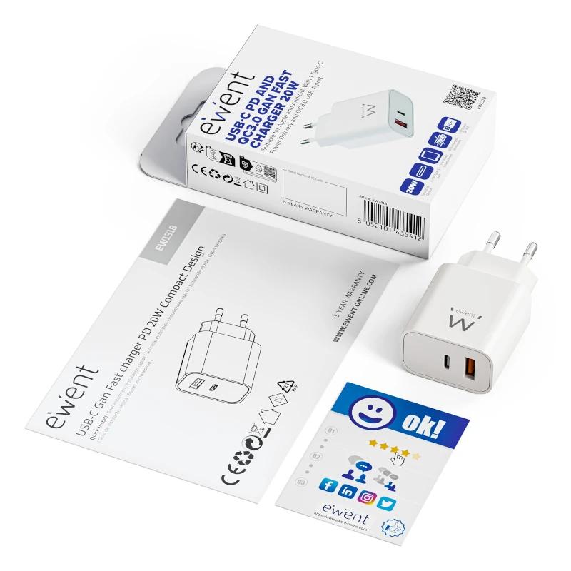 EWENT EW1318 Carregador rápido USB-C PD 20W USB-A QC - imagem 3