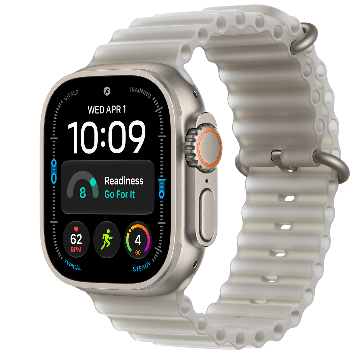 Apple Watch Ultra 4 — titânio natural — bracelete Ocean cinzento translúcido