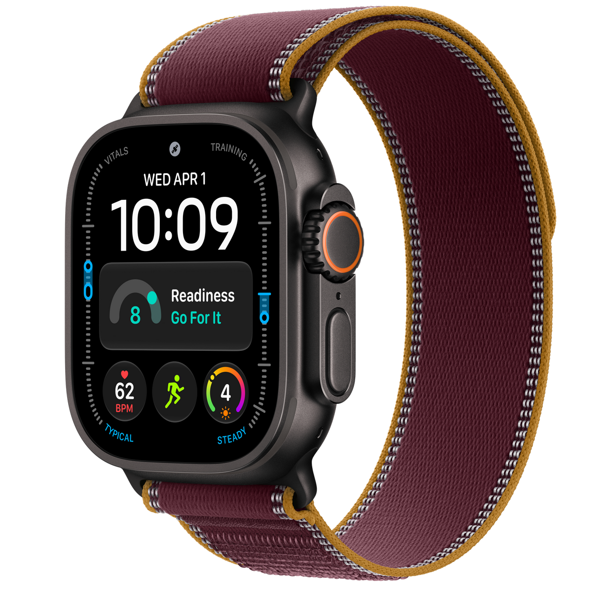 Apple Watch Ultra 4 GPS + Cellular 49 mm titânio preto com bracelete Trail Loop bordéus
