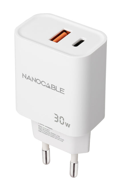 Nanocable Carregador USB-C/PD+USB-A/QC 30W Branco