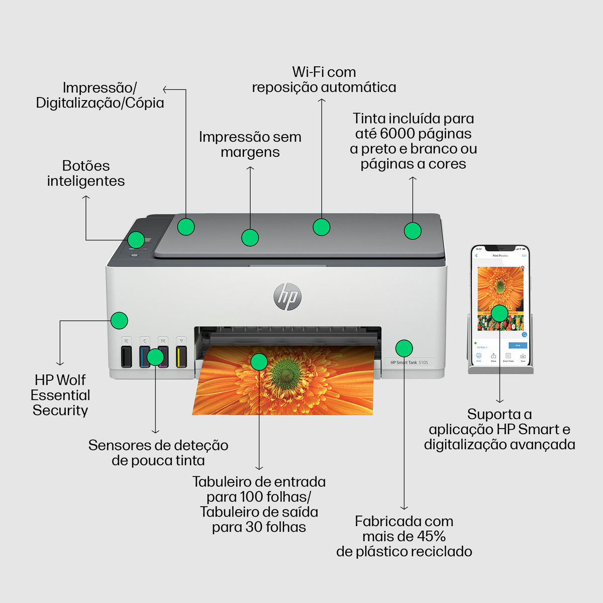 Impressora multifunções HP Multifunções Smart Tank 5105 Fax Móvel - imagem 9