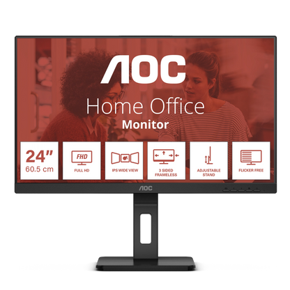 Monitor AOC 24E3QAF de 23,8 polegadas Full HD IPS, vista frontal.