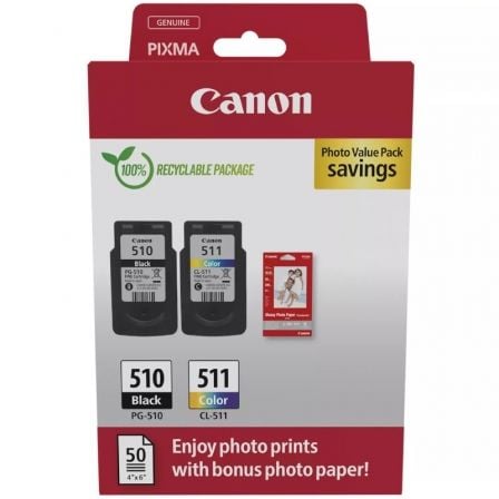 Tinteiro Original Canon PG-510 + CL-511 Multipack/ Preto/ Tricolor + Papel Fotográfico