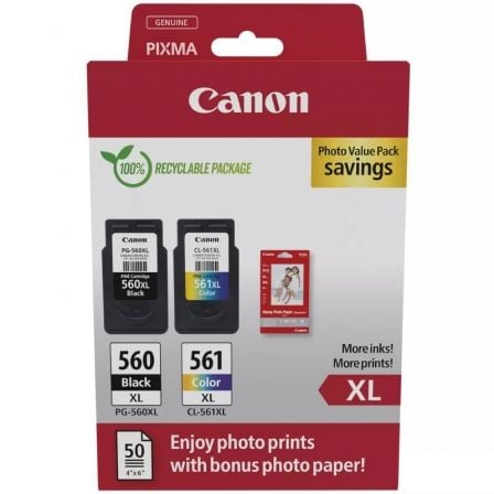 Tinteiro Original Canon PG-560XL + CL-561XL Multipack Alta Capacidade/ Preto/ Tricolor + Papel Fotográfico