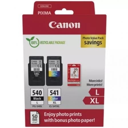 Tinteiro Original Canon PG-540L + CL-541 XL Multipack Alta Capacidade/ Preto/ Tricolor + Papel Fotográfico