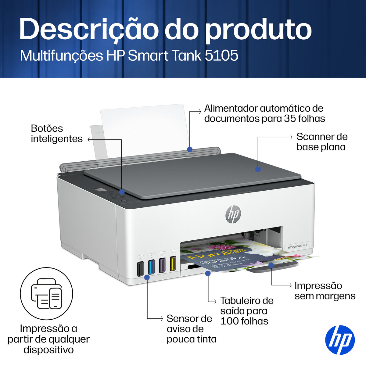 Impressora multifunções HP Multifunções Smart Tank 5105 Fax Móvel - imagem 18