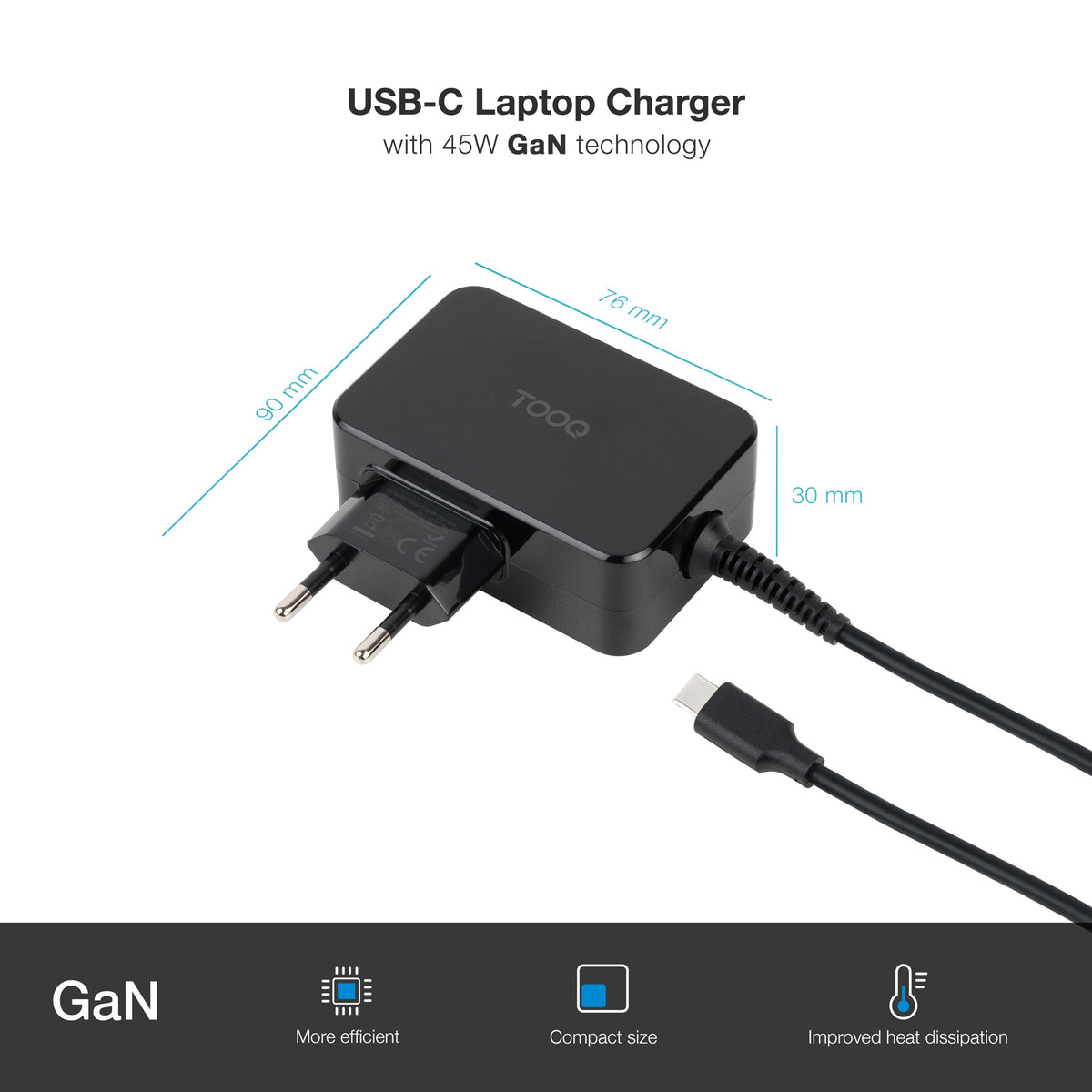 Carregador para Portátil Tooq GAN USB-C PD 45W Preto - imagem 6