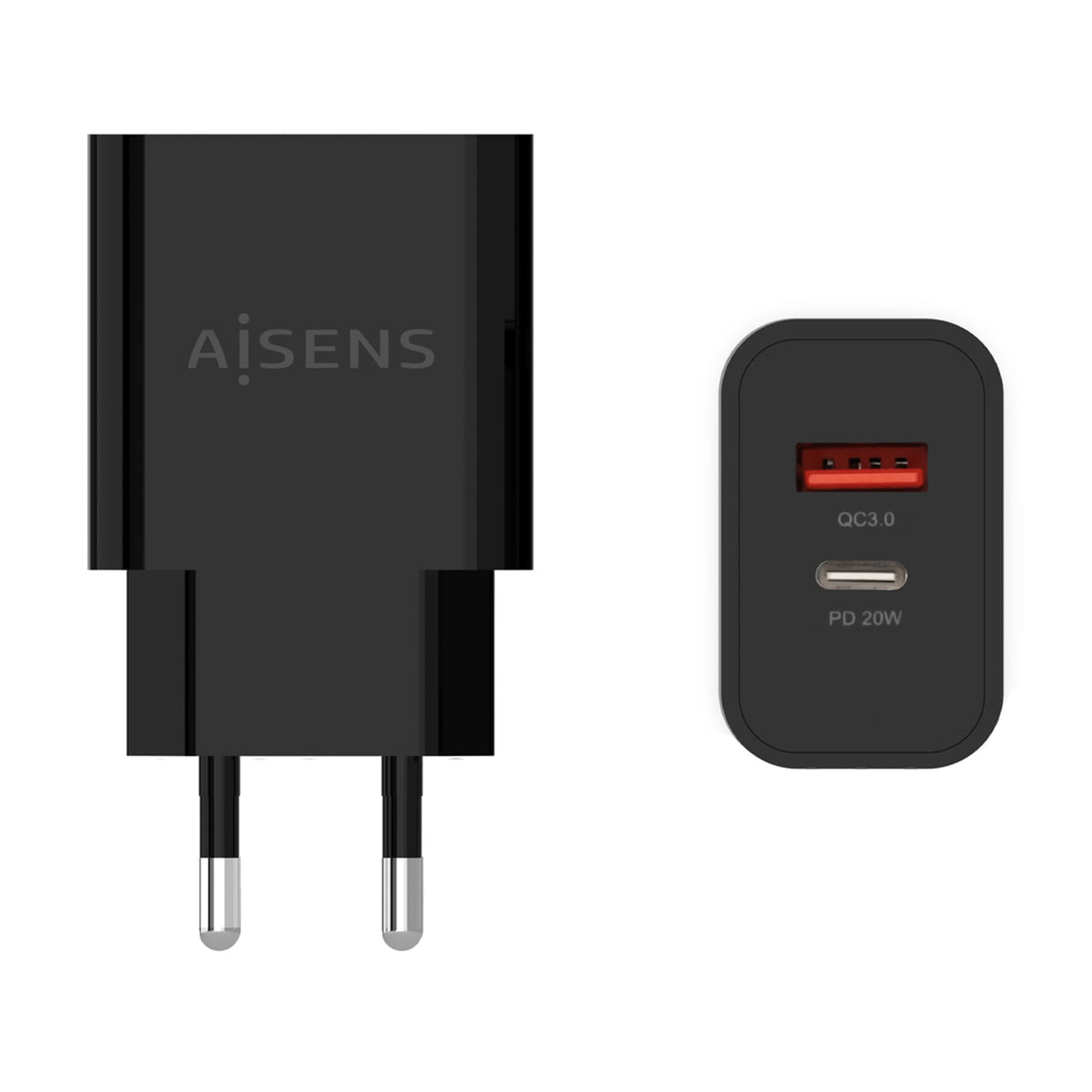 Carregador Aisens 20W USB-C PD3.0 USB-A QC3.0 Preto