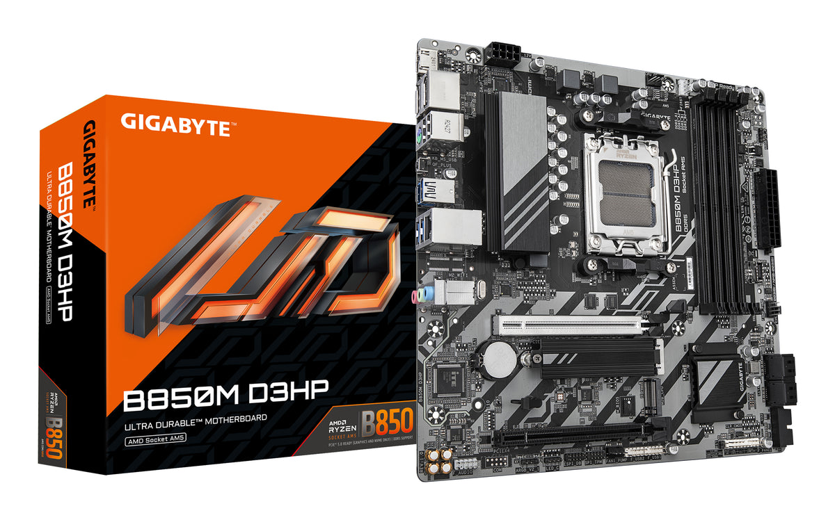Placa-mãe Gigabyte B850M D3HP - AMD Ryzen 9000 Série CPUs, 5+2+2 fases Digital VRM, até 8200MHz DDR5 (OC)