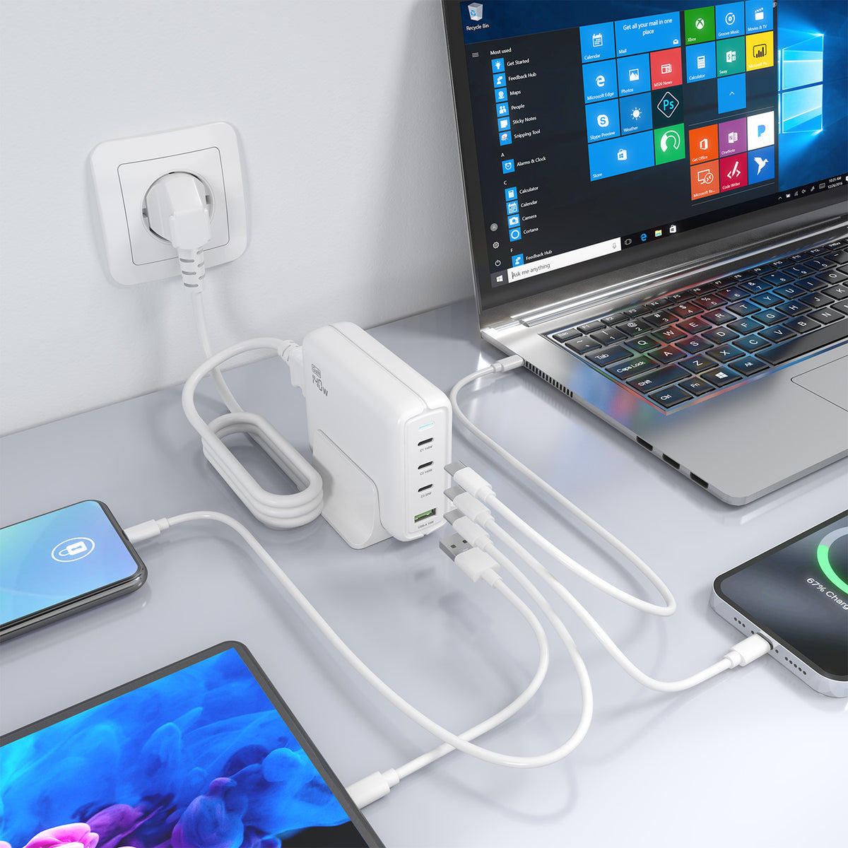 Carregador de secretária Aisens GaN ASCH-140W4P055-W/ 3xUSB Tipo-C/ 1xUSB/ 140W