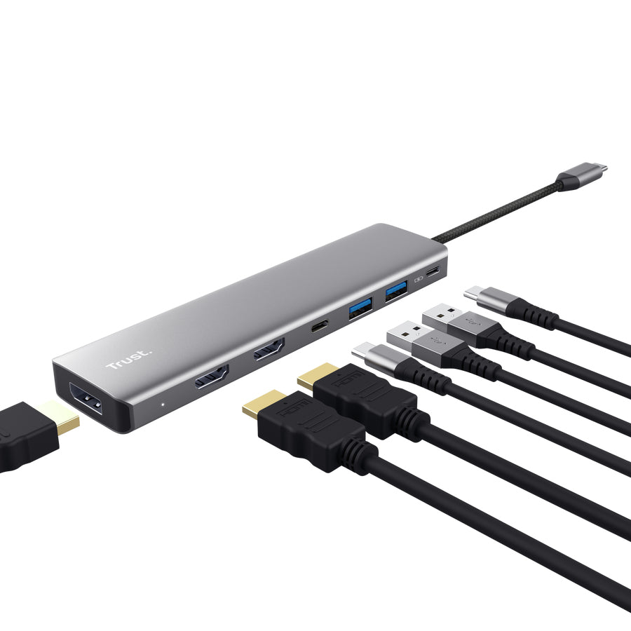 Docking USB Tipo-C Trust Dalyx/ 2xUSB/ 2xHDMI 4K/ 1xDisplayPort/ 1xUSB Tipo-C PD/ cinzento