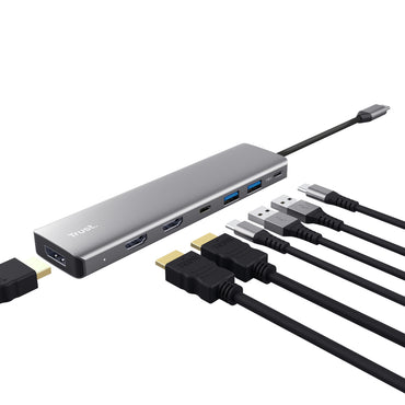 Docking USB Tipo-C Trust Dalyx/ 2xUSB/ 2xHDMI 4K/ 1xDisplayPort/ 1xUSB Tipo-C PD/ cinzento