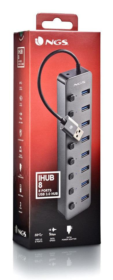 Hub USB NGS IHUB8 / 8xUSB 3.0 / cinzento