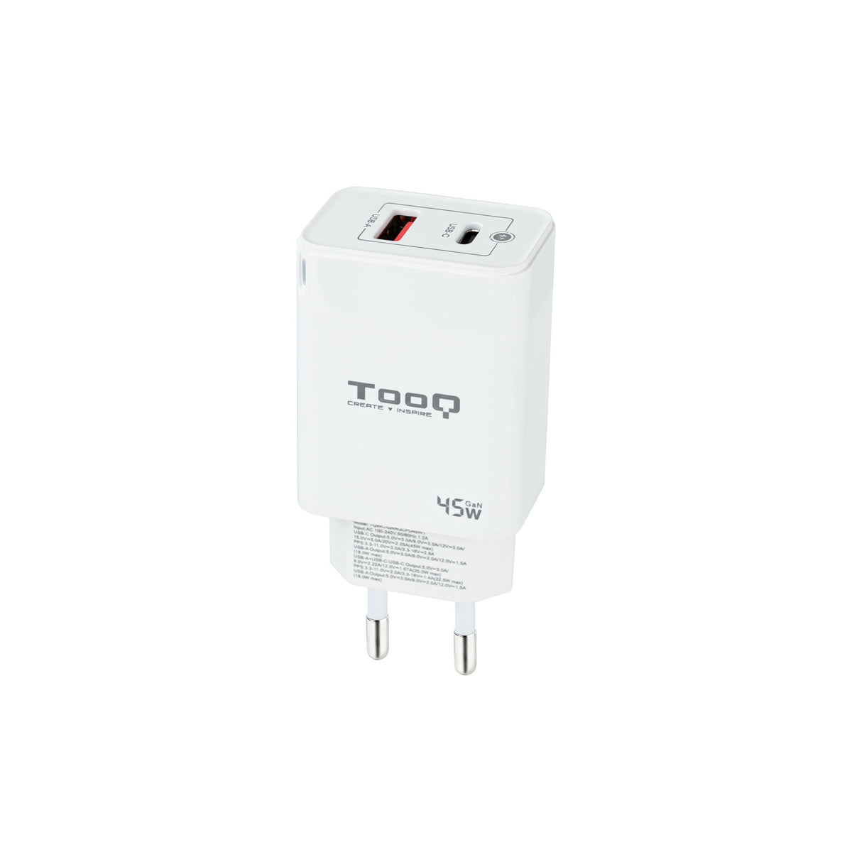 Tooq Carregador Parede GAN USB-C/PD+USB-A/QC 45W