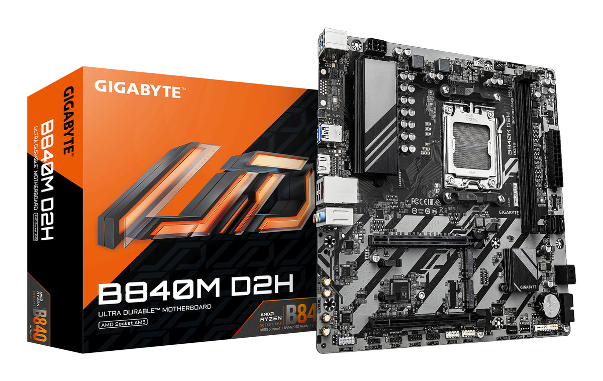Placa-mãe Gigabyte B840M D2H - AMD Ryzen 9000 CPUs, 5+2+2 fases VRM, até 7600MHz DDR5, 1xPCIe 4.0 + 1xPCIe 3.0