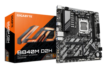 Placa-mãe Gigabyte B840M D2H - AMD Ryzen 9000 CPUs, 5+2+2 fases VRM, até 7600MHz DDR5, 1xPCIe 4.0 + 1xPCIe 3.0