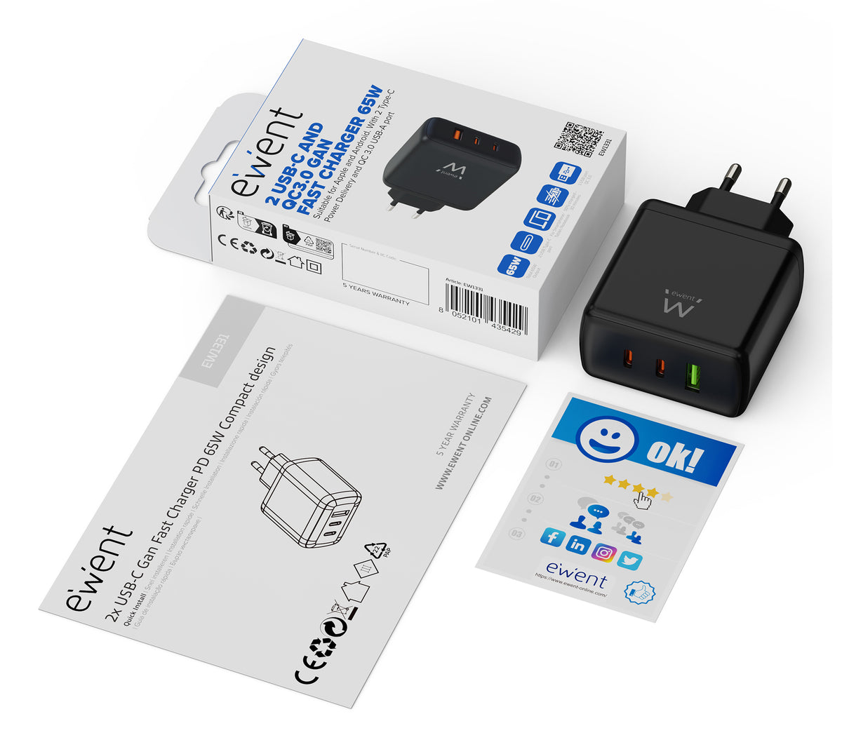 Carregador Ewent Gan Fast 65W 2 USB-C PD-1USB-A QC - imagem 4