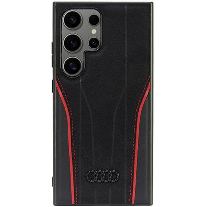 Capa rígida Audi em couro genuíno com MagSafe para S24 Ultra S928, preto-vermelho