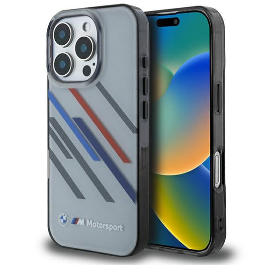 Capa BMW BMHCP16L23HTRAG | iPhone 16 Pro 6.3" | Cinza Motorsport IML listras aleatórias