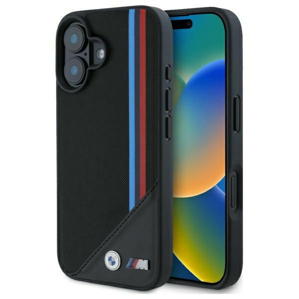 Capa BMW BMHMP16S23PUTK | iPhone 16 6.1" | Preta M com listras tricolores em malha MagSafe