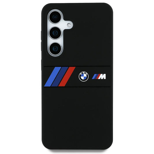 Capa BMW de silicone com listras tricolores centrais MagSafe para Samsung Galaxy S25 Ultra preta