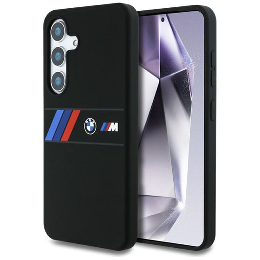 Capa BMW de silicone com listras tricolores centrais MagSafe para Samsung Galaxy S25 preta