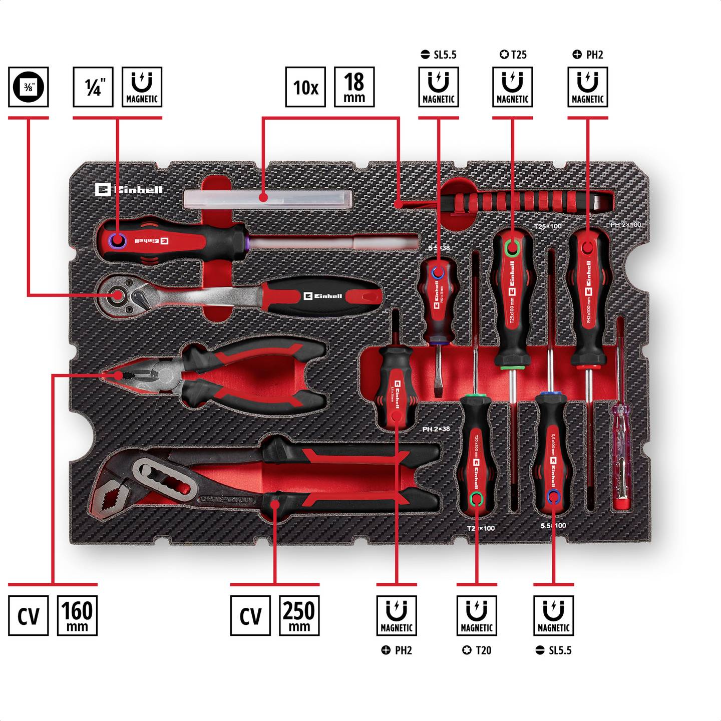 Caixa de ferramentas universal Einhell 370570, 80 peças, 44,4 x 32,9 x 13,1 cm