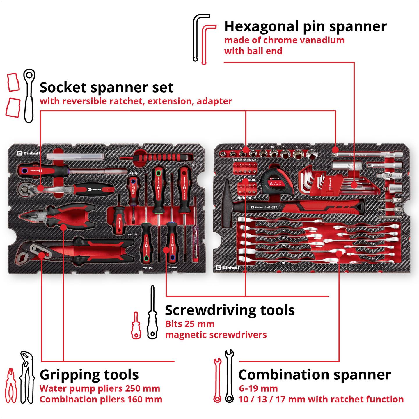 Caixa de ferramentas universal Einhell 370570, 80 peças, 44,4 x 32,9 x 13,1 cm