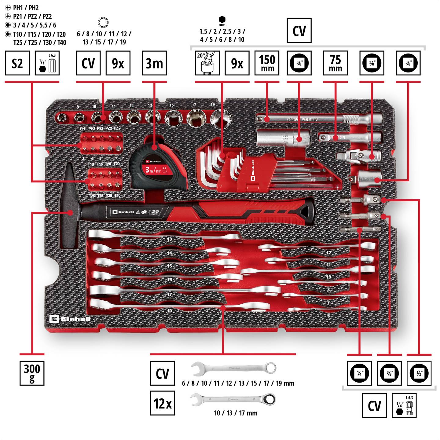 Caixa de ferramentas universal Einhell 370570, 80 peças, 44,4 x 32,9 x 13,1 cm