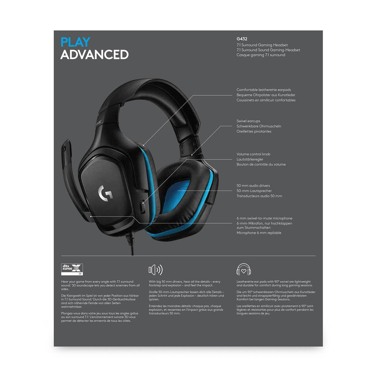 Auscultadores Logitech G432 / 981-000770 preto, azul - imagem 9