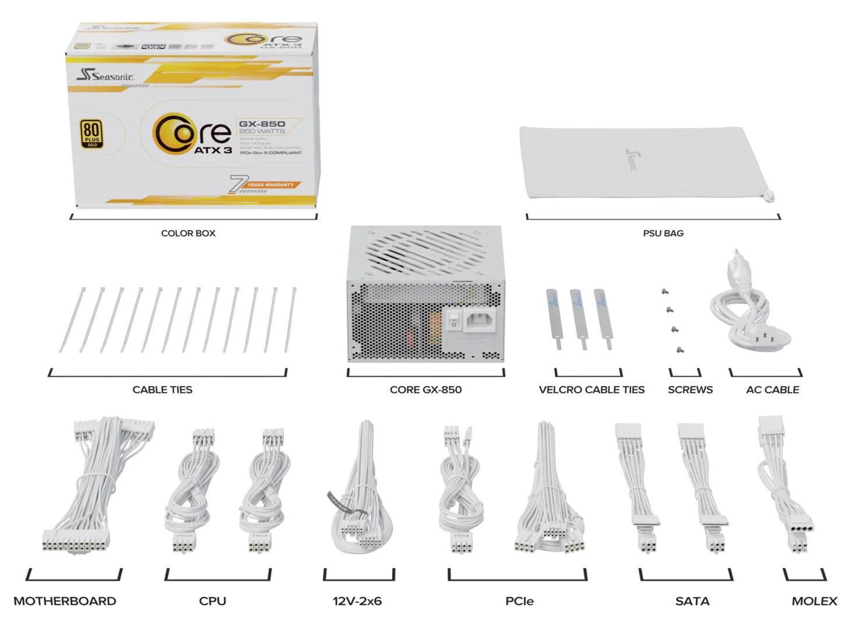 Fonte de Alimentação Seasonic Core GX-850 V2 / SRP-CGX851-A5A32SF-W branco - imagem 2