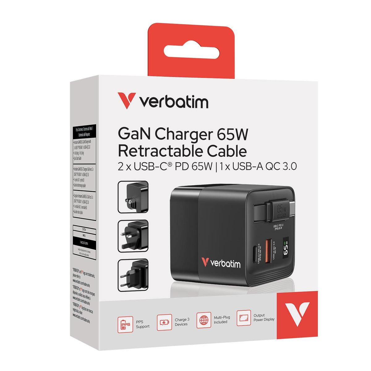 Carregador Verbatim 65W 2 portas com cabo retrátil / 32217 preto - imagem 18